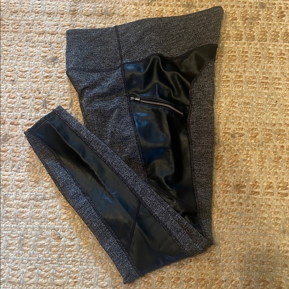 Athleta Black and Gray Patterned Leggings, herringbone pattern with leather - Picture 2 of 8